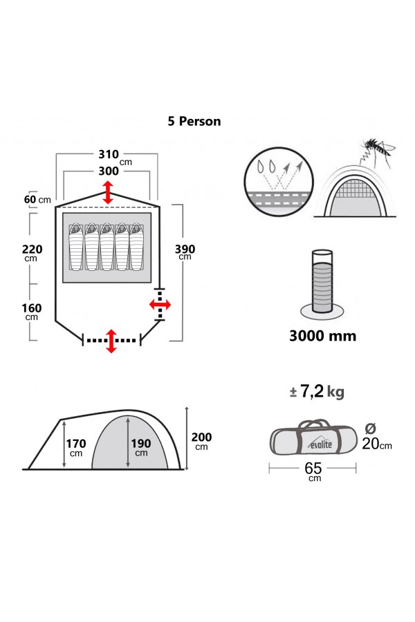 Evolite Excamp 5 Pro Sun Fresh Aile Çadırı UPF80 Evolite Excamp 5 Pro Sun Fresh Aile Çadırı UPF80